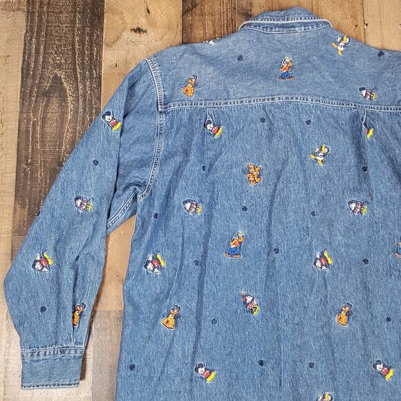 Disney Store Vintage Y2k Denim Mickey and Friends Shirt Womens Large Embroidered - Picture 10 of 14